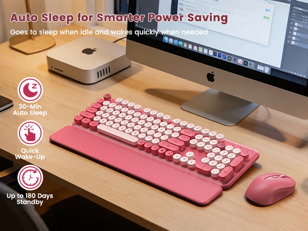 Pink retro keyboard and mouse with auto sleep mode for smarter power saving.