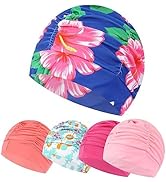 Ewanda store 5 Pcs Colorful Print Swim Caps for Women Men,Pleated Nylon Cloth Swim Cap Large Swim...