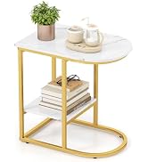 Giantex C Shaped End Table, Modern Sofa Side Table with Faux Marble Tabletop & Storage Shelf, Sli...