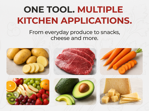 Vegetable chopper slices potatoes carrots meat cheese and fruit for everyday meal prep