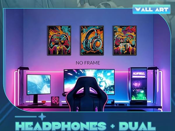 3Pcs Cool Gaming Wall Art Set, Retro Video Game Neon Gamepad Watercolor Canvas Prints for Boys Room
