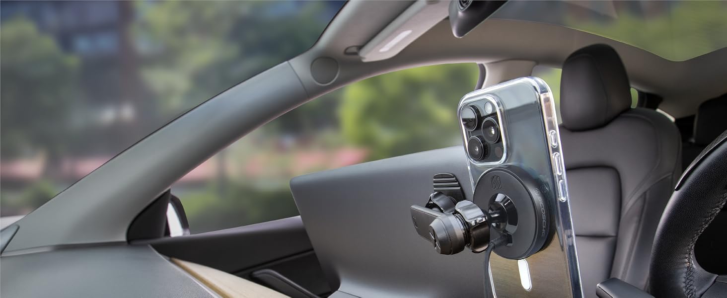 MagSafe car charger behind a floating screen magnetic car phone holder keeps both displays in view