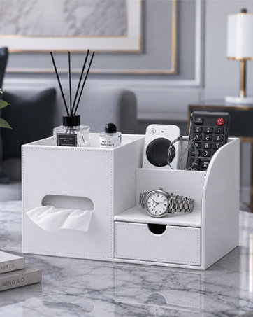 Square Tissue Box Cover with Tray and Organizer