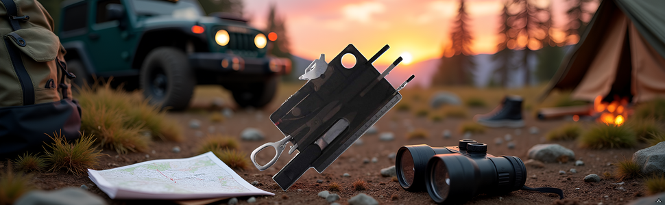 A rugged outdoor scene with a backpack, compass, and the product lying on a rocky surface.