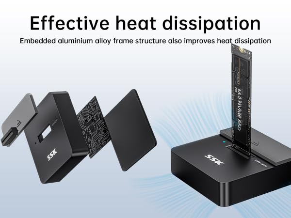 Text reads 'Effective heat dissipation'. Black electronic device with cooling vents and aluminum alloy frame structure shown from multiple angles.