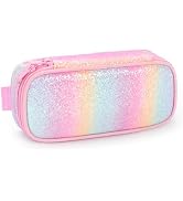mibasies Girls Pencil Case for Kids, Pencil Pouch Boys Soft Rainbow Pen Box (Pink Blue Rainbow)