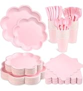350 Pcs Pink Paper Plates and Napkins Set, Tableware Set for 50 Guests Include Disposable Pink Sc...