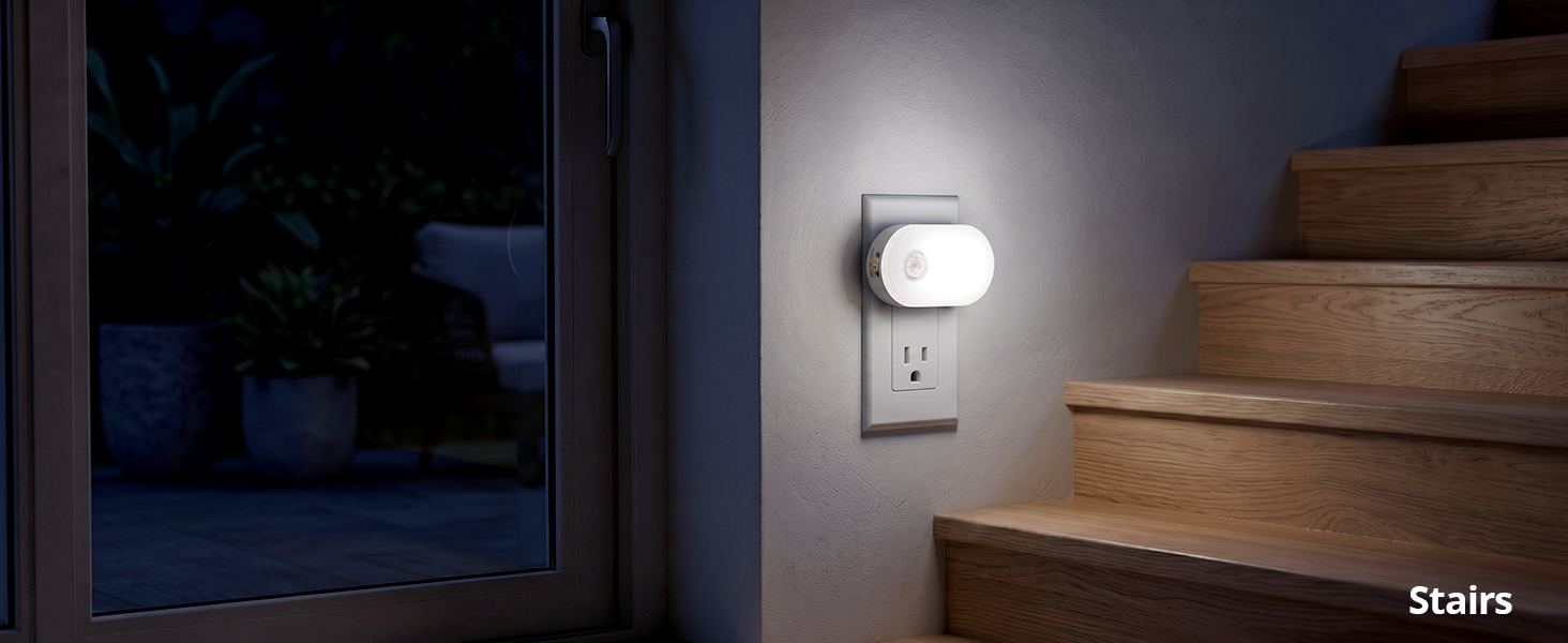 Plug-in indoor step light ensuring safe stair navigation.
