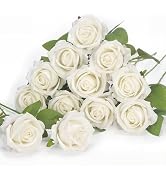 uehdydh 12 Pcs White Roses Artificial Flowers, Real Touch Fake Velvet Flowers with Stems in Bulk ...
