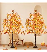 2 Pack 5FT Artificial Lighted Maple Tree, Thanksgiving Decor Artificial Tree with Timer, 192 LED ...