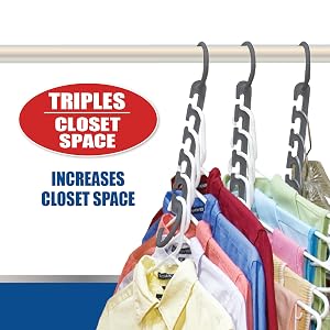 Three hangers cascading down on hanger rod to show space saving in closet. Triples Closet space.