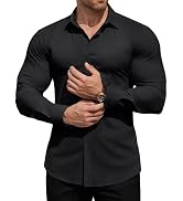 ROUWELL Men's High-Stretch Dress Shirts Muscle Fit Wrinkle Free Long Sleeve Slim Fit Business Cas...