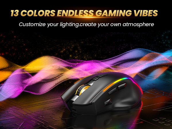 Text reads '13 COLORS ENDLESS GAMING VIBES Customise your lightning/mode pour votre atmosphère'. Black gaming mouse displayed with colorful RGB lighting effects.