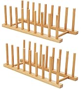 HBlife 2pcs Bamboo Dish Plate Bowl Cup Book Pot Lid Cutting Board Drying Rack Stand Drainer Stora...