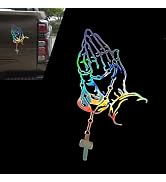 YAWUROU Praying Hands Car Decal, 10.23" x 6.29" Gradient Color Reflective Rosary Crucifixion Wind...