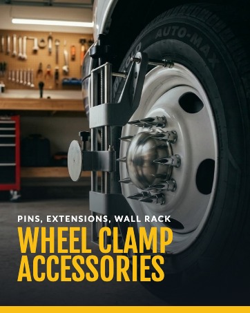 Wheel clamp accessories. Standard and 137 mm locator pins, extensions, and a wall rack