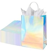 BLEWINDZ 32Pcs Small Paper Gift Bags with Tissues, Iridescent Party Favor Bags with Handles, Holo...
