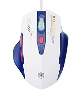 White and navy blue gaming mouse with ergonomic design, featuring RGB lighting accents and multiple programmable buttons on its sides.