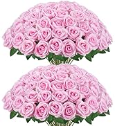 InnoGear 50 Pcs Pink Roses Artificial Flowers, Fake Velvet Silk Rose Bulk Faux Flower for Decorat...
