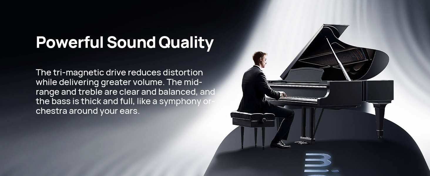 Text reads 'Powerful Sound Quality'. Marketing collage showing wireless earbuds or headphones in white, with technical diagrams and product features displayed against dark background.