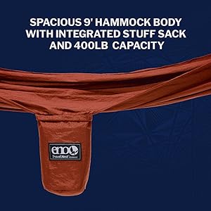 Spacious 9' hammock body with integrated stuff sack and 400LB capacity