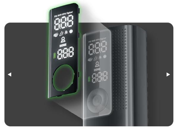 Compact automatic tire inflator pumping air into SUV tire with auto shut-off feature