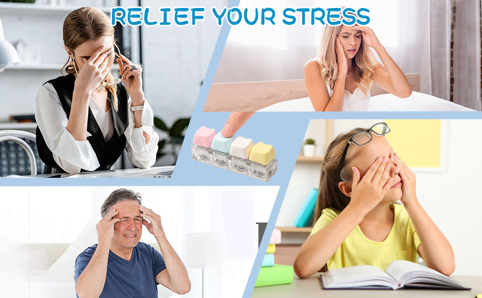 Composite image showing four people in stressful situations: working, in bed, studying, and experiencing headache. Text reads 'RELIEF YOUR STRESS' above colorful pill containers.