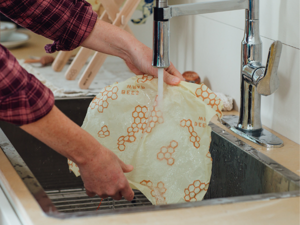 Rinse Bee's Wrap with cool water and mild dish soap, then air dry.