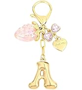Snycler Bubble Initial Keychain with Strawberry & Bow- Gold Letter Bag Charms for Women, Cute Pur...
