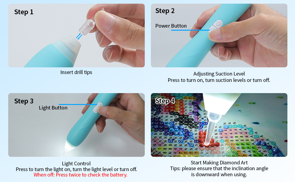 Rechargeable Cordless Diamond Art Pens with Light, No Wax Needed, Adjustable Suction Mode