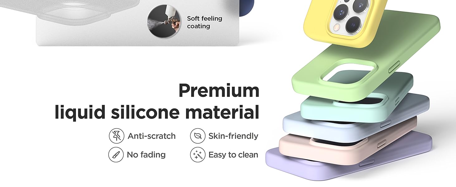 Smartphone case material showcase displaying layers of premium liquid silicone, highlighting anti-scratch, skin-friendly, and easy-to-clean properties.