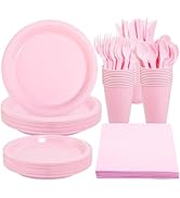 WELLIFE 210 Pieces Pink Party Supplies, Disposable Dinnerware Set, Including Pink Plastic Plates,...