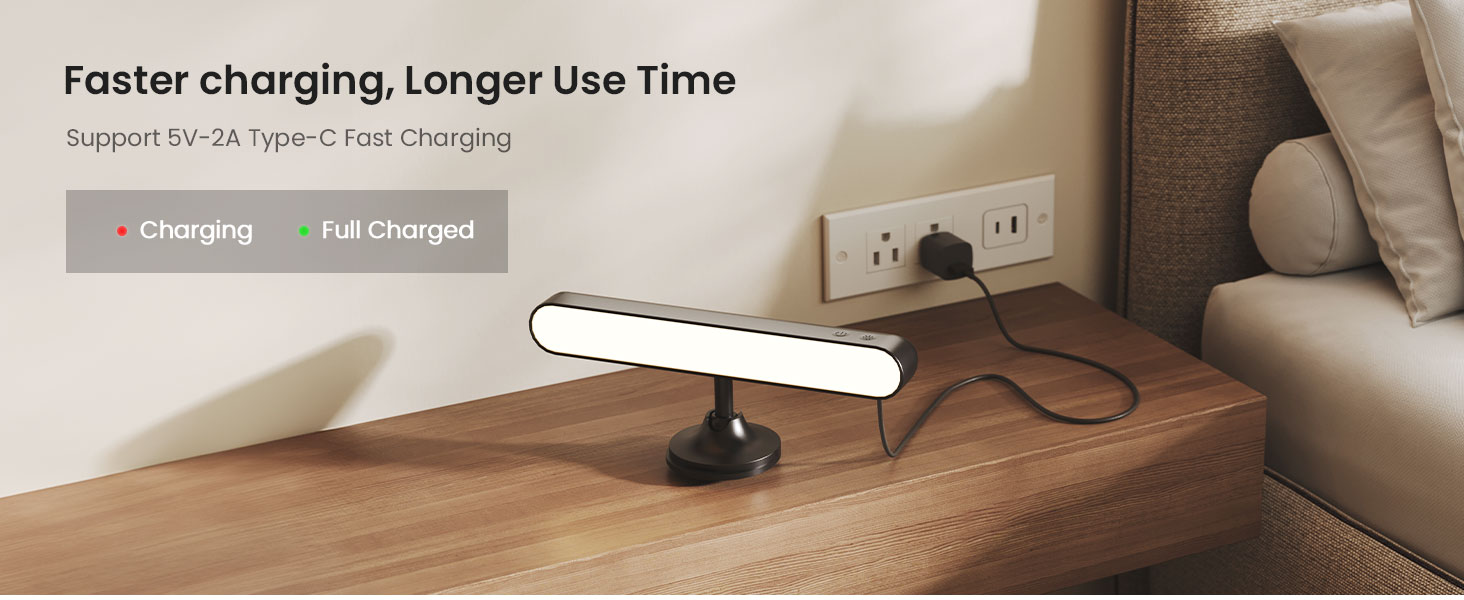 Rechargeable wall light charging via USB-C on nightstand with battery status indicators.
