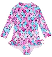 AIWUHE Toddler Girls Rash Guard Swimsuit Long Sleeve One Piece Swimwear Ruffled Zipper Bathing Su...