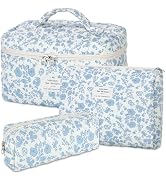 senbowe Floral Makeup Bag, 3 Pack Large Cotton Quilted Makeup Bag Set, Cute Floral Coquette Aesth...