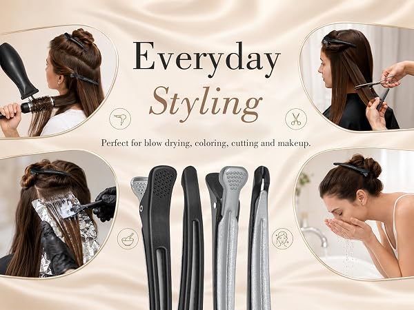 Hair sectioning clips for blow drying, coloring, cutting and makeup.