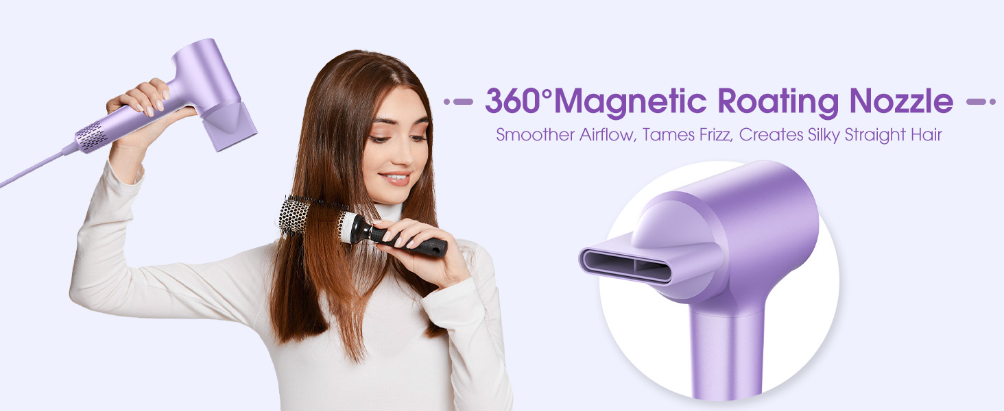 360°Magnetic Roating Nozzle Hair Dryer, High-Speed Brushless Motor Fast Drying Blow Dryer