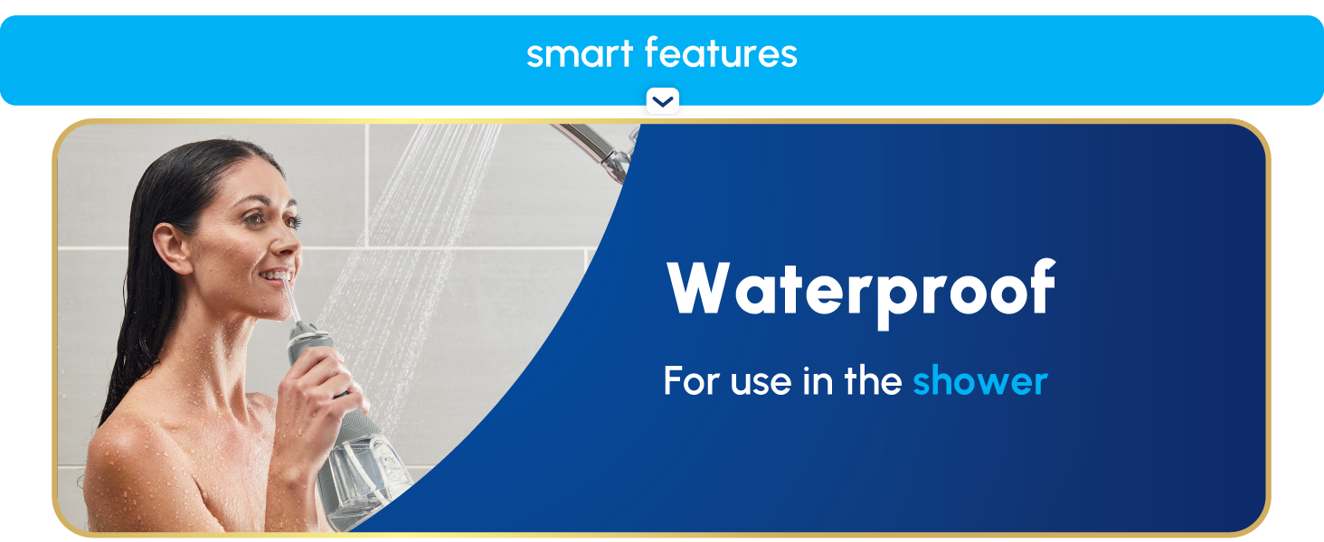 Image of Waterpik Cordless Advanced water flosser with text reading waterproof for use in the shower