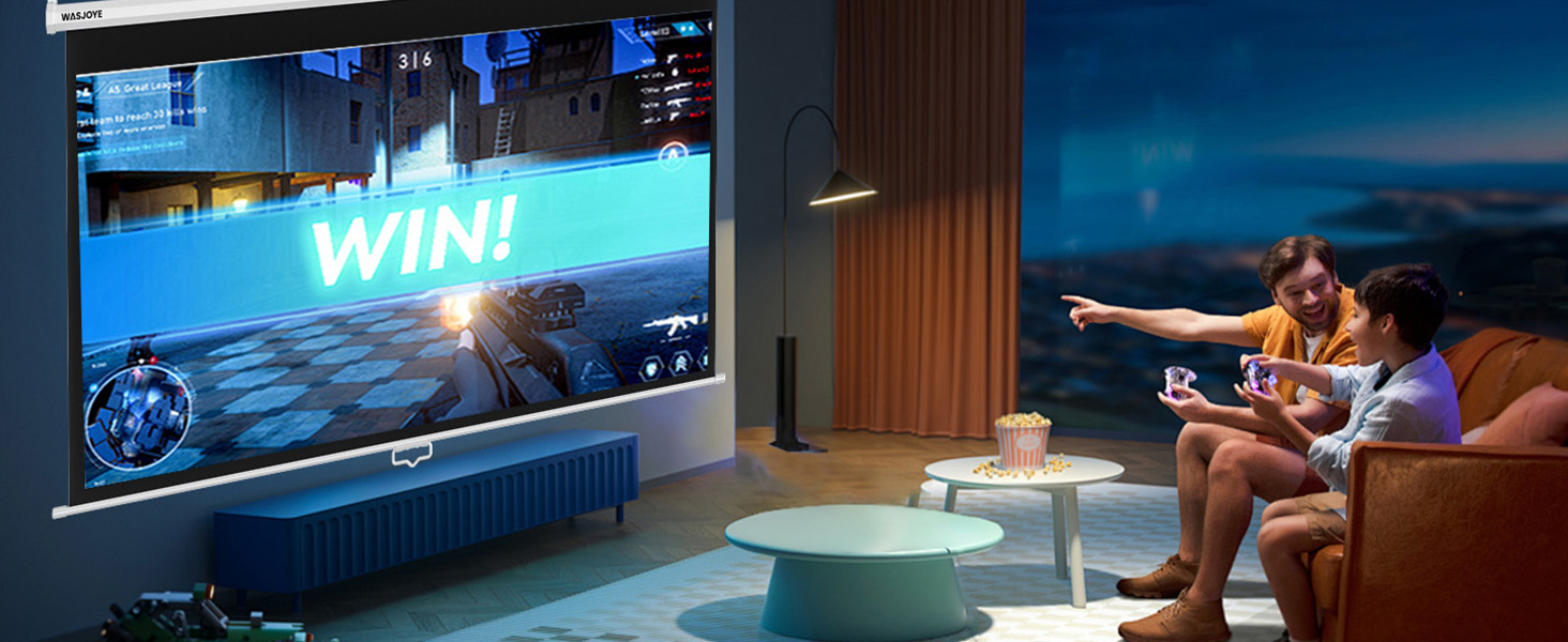Large projector screen displaying a video game with 'WIN!' text. Three people on a sofa interact with the game, one pointing at the screen.