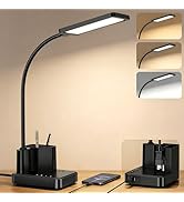 LED Desk Lamp with Charger, USB-C/USB-A & AC Outlet, Dimmable Desk Light & Table Lamp with Pen Ho...