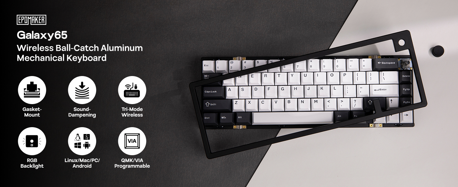 Wireless mechanical keyboard with white keycaps and black aluminum frame. Product features diagram shows wireless connectivity and mechanical switch design.