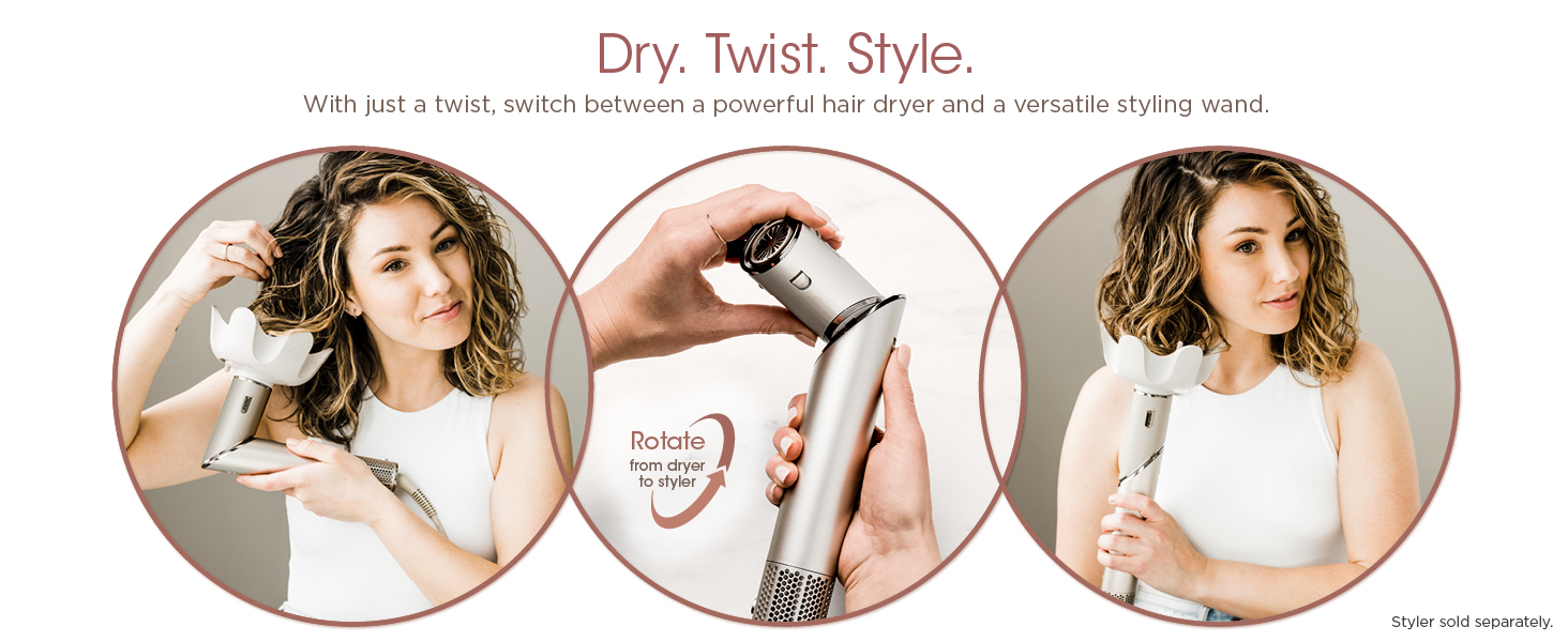 Dry. Twist. Style. With just a twist, switch between a powerful hair dryer a versatile styling wand