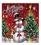Shower Curtain Christmas Snowman Fabric Red Xmas Tree and Deer Shower Curtain for Holiday Decorat...
