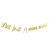 Zotemo Mimosa Bar Sign But First Mimosas Banner with Goblet Decor, Gold Glitter Mimosa Bar Banner...