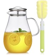 Kingrol Carafe Glass Jug 64 oz, Iced Tea Pitcher with Lid & Spout Filter, Cold & Hot Water Decant...