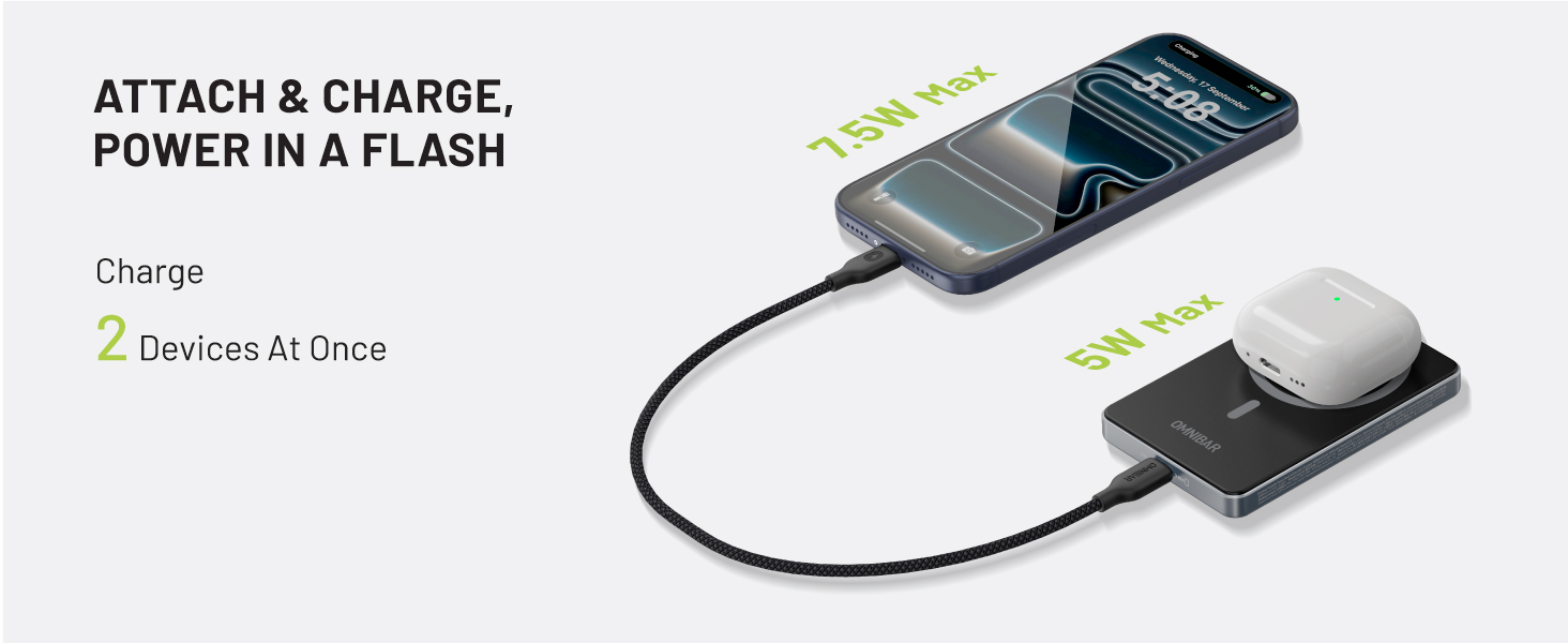 Magnetic power bank wirelessly charges a phone while powering another device via USB-C cable