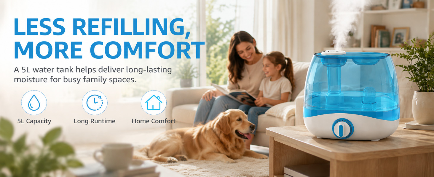 Cool mist humidifier in living room with family and pet for home comfort