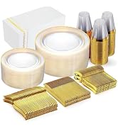 GATHER 350pcs Clear Gold Plastic Plates - Disposable Clear Gold Dinnerware sets Includes 100 Gold...