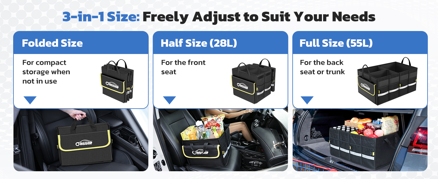 The trunk organizer can be fully unfolded, semi folded, or fully folded