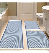 IM HOME Waffle Bath Mat Set 3 Piece Blue & Cream,Woven Modern Bath Rug Mats, Absorbent Non Slip B...